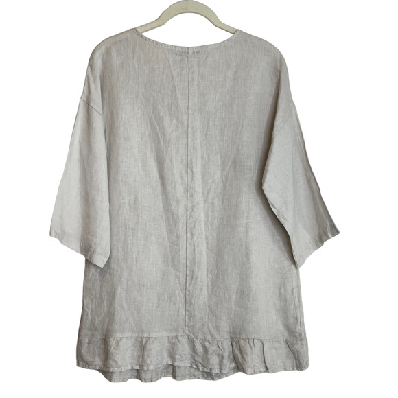 Lungo L'Arno Womens Linen Tunic Size Medium Sand 3/4 Sleeve Ruffled Hem Italy - Picture 4 of 7